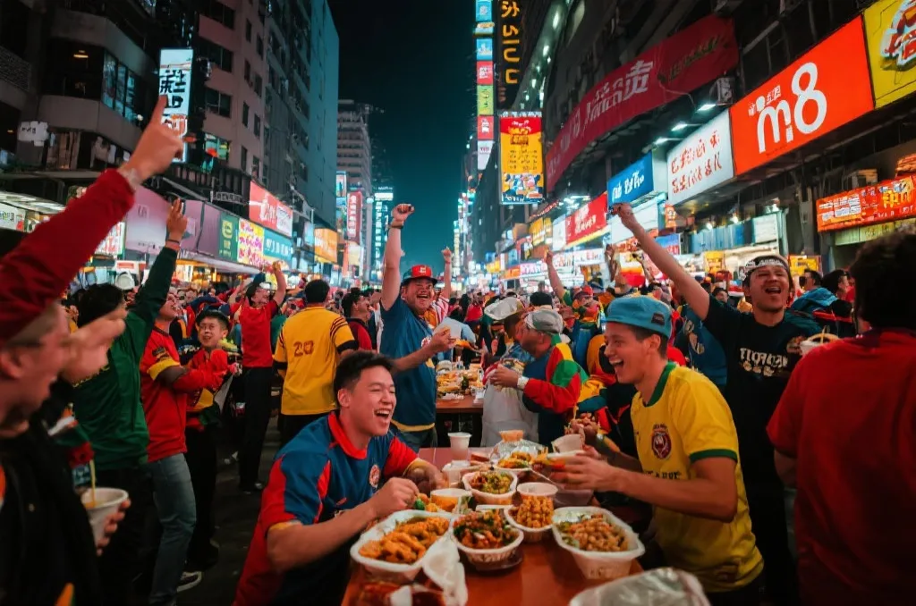 赛后街边小吃与球迷庆祝场景