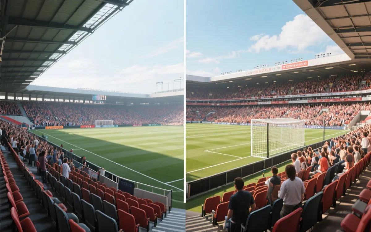 球场看台视角示意：中线侧看全景与球门后方氛围对比