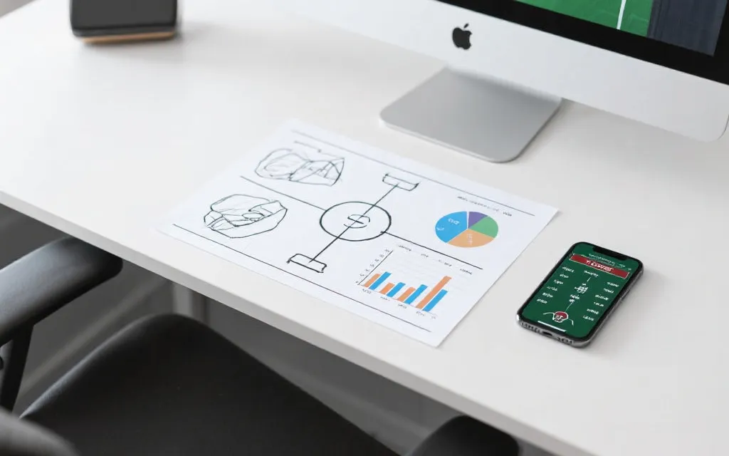 桌面上摊开战术草图与数据图表，旁边的手机显示世界杯对阵与专家预测要点