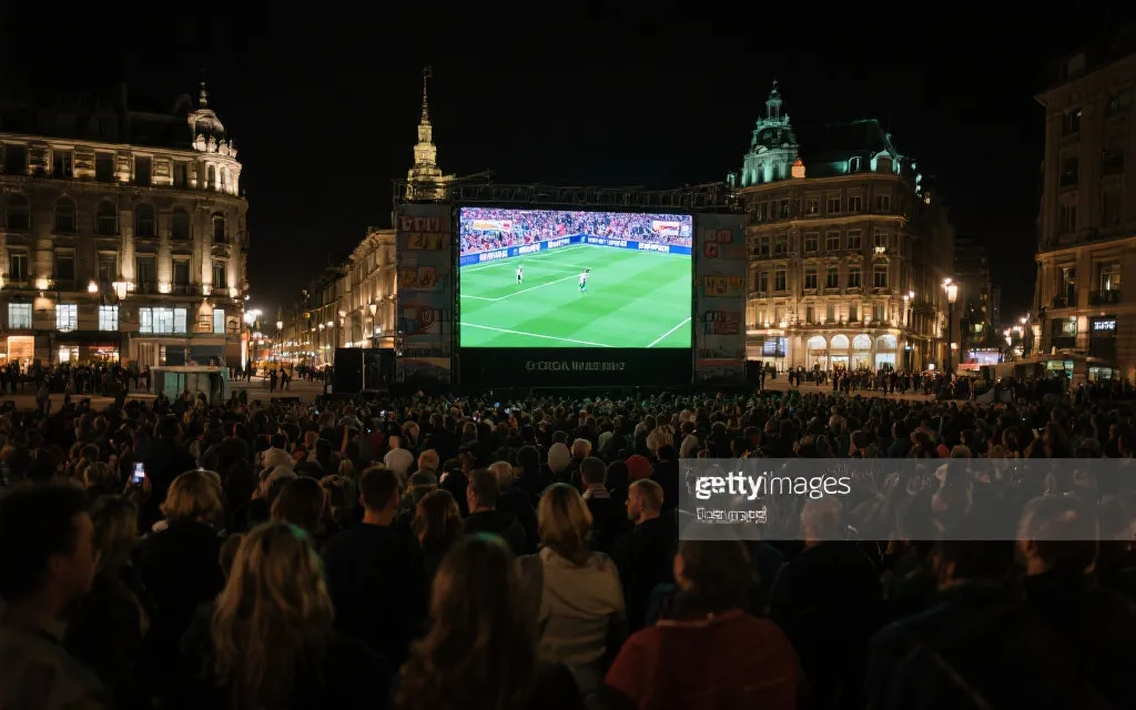 夜晚城市广场公共大屏播放体育赛事的氛围